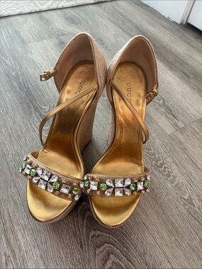 Gucci Gold with clear Crystal and Green Jeweled Wedge Sandals